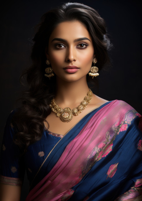 Graceful woman donning a blue sari epitomizing traditional charm and elegance in her attire Graceful woman donning a blue sari epitomizing traditional charm and elegance in her attire