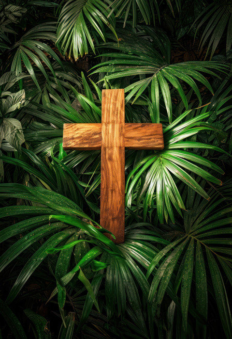 A wooden cross placed on a palm leaf A wooden cross placed on a palm leaf
