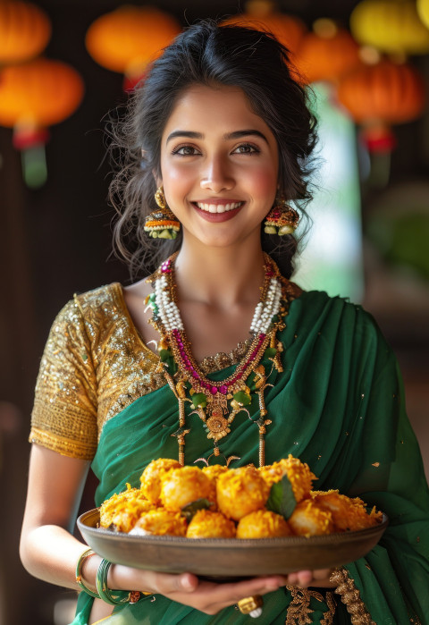 Woman in green sari sweetly smiles while carrying a plate of delicious sweets Woman in green sari sweetly smiles while carrying a plate of delicious sweets