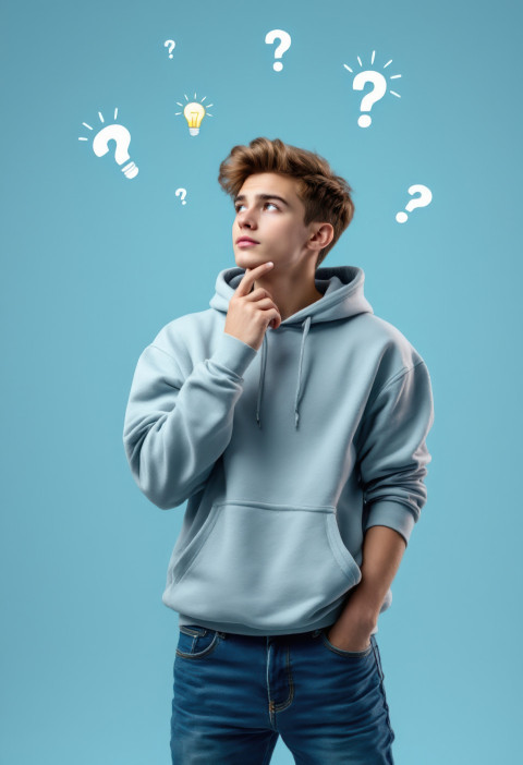 Teen boy in hoodie and jeans stands mid-frame with quiet expression Teen boy in hoodie and jeans stands mid-frame with quiet expression