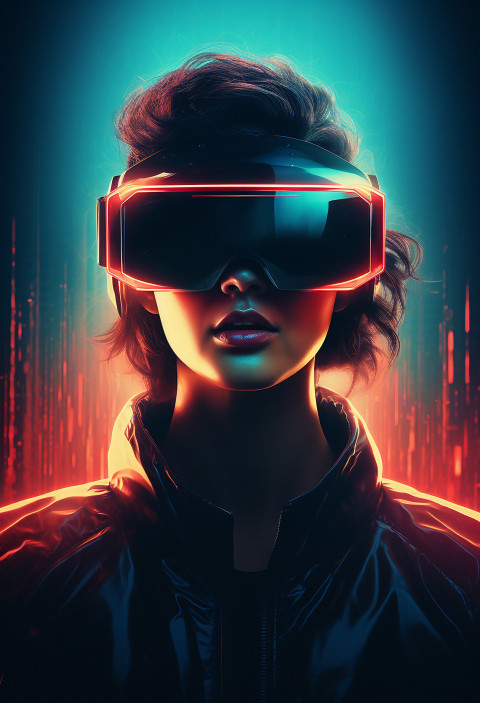 Woman wearing virtual reality glasses that glow with neon light