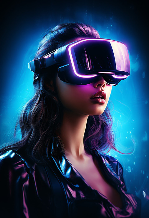 Woman wearing virtual reality glasses that glow with neon light