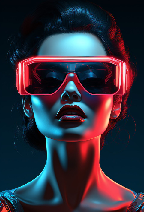 Woman wearing virtual reality glasses that glow with neon light