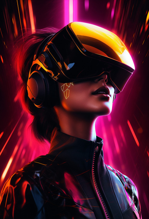 A woman with a neon VR headset on her head is surrounded by brig