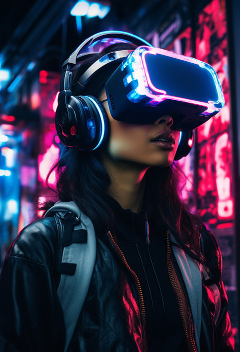 A woman with a neon VR headset on her head is surrounded by brig