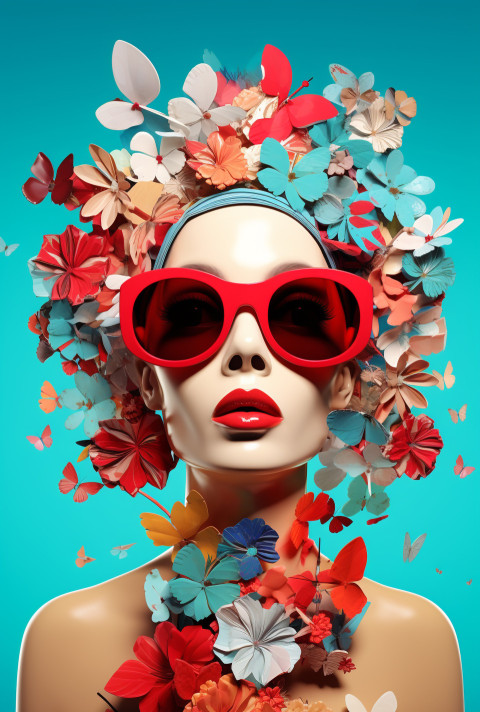 An advertisement with a girl with sunglasses An advertisement with a girl with sunglasses, digital collage art