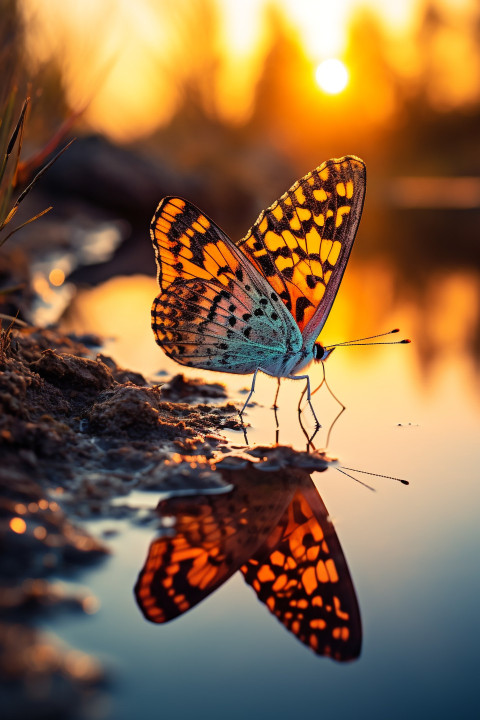 An orange butterfly rests on the edge of a pond at sunset, natur Get unlimited access to a library of free ai prompts and ai images to help you generate creative ideas.