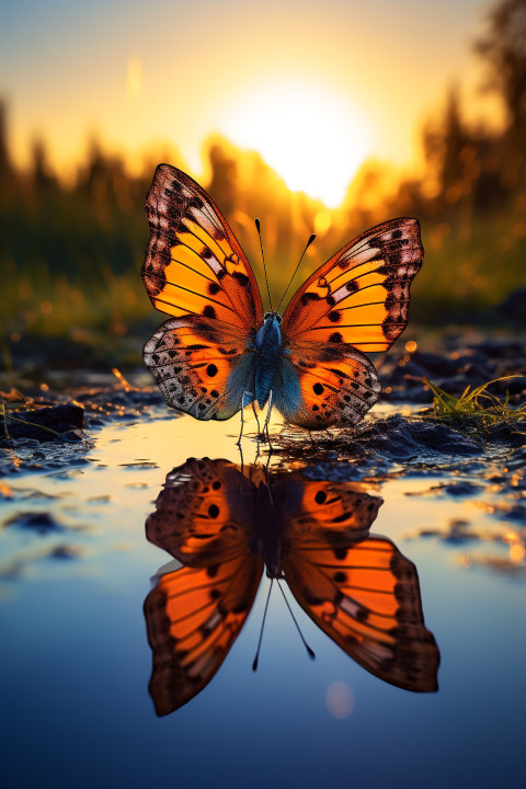 An orange butterfly rests on the edge of a pond at sunset, natur Get unlimited access to a library of free ai prompts and ai images to help you generate creative ideas.