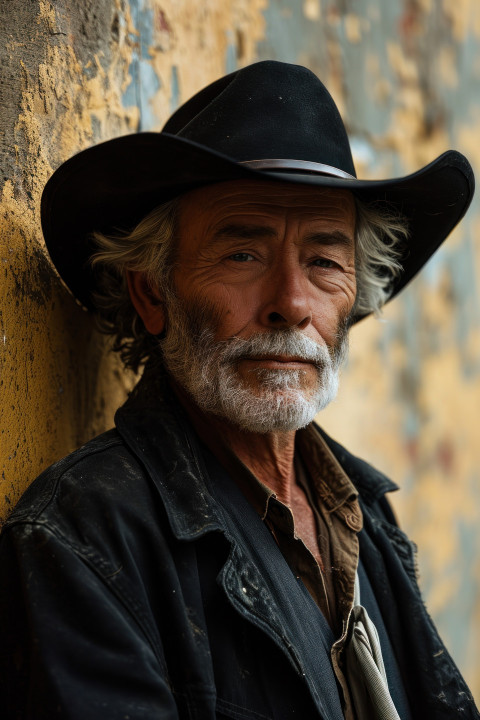 Senior gentleman in a black cowboy hat standing by the wall Senior gentleman in a black cowboy hat standing by the wall