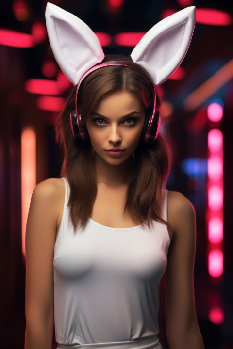 Playful woman dons bunny ears Playful woman dons bunny ears