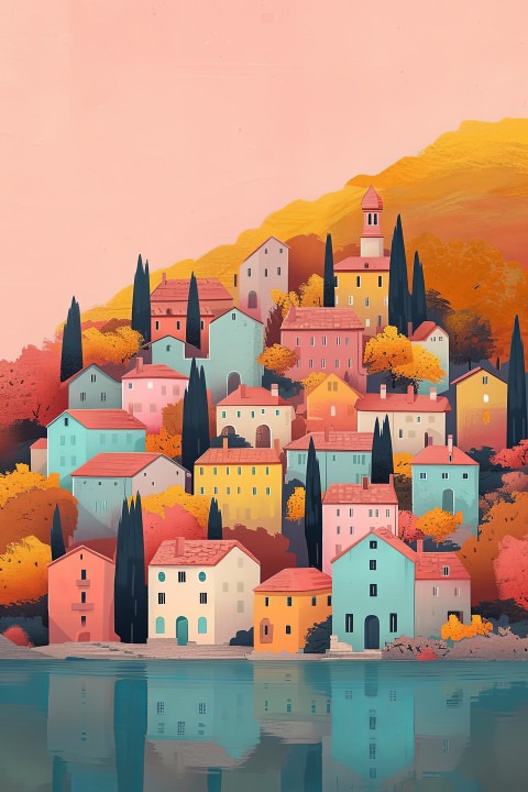 Minimalist autumn cityscape illustration with soft pink and teal tones capturing the essence of the season through falling leaves and a tranquil ambiance Minimalist autumn cityscape illustration with soft pink and teal tones capturing the essence of the season through falling leaves and a tranquil ambiance