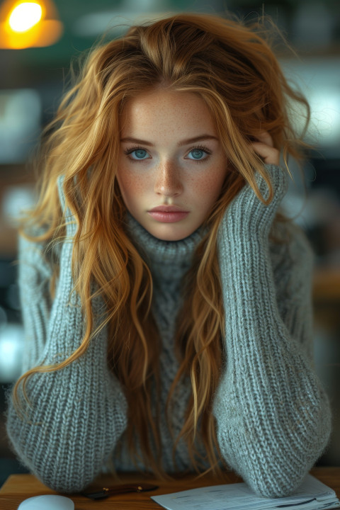 A young woman dressed in a grey sweater sitting at her office desk with a downtrodden expression A young woman dressed in a grey sweater sitting at her office desk with a downtrodden expression