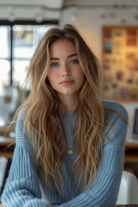 A focused woman wearing a blue sweater working diligently at her desk A focused woman wearing a blue sweater working diligently at her desk