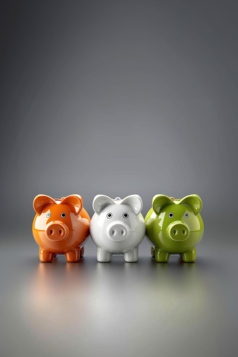 Three ceramic piggy banks in orange white and green colors standing on gray background symbolizing Independence Day Three ceramic piggy banks in orange white and green colors standing on gray background symbolizing Independence Day