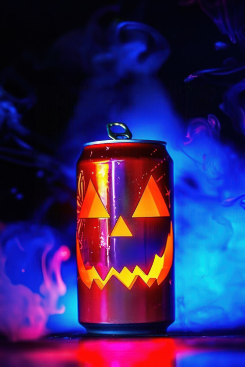 A can with a halloween face and blue smoke in the background spooky and festive A can with a halloween face and blue smoke in the background spooky and festive