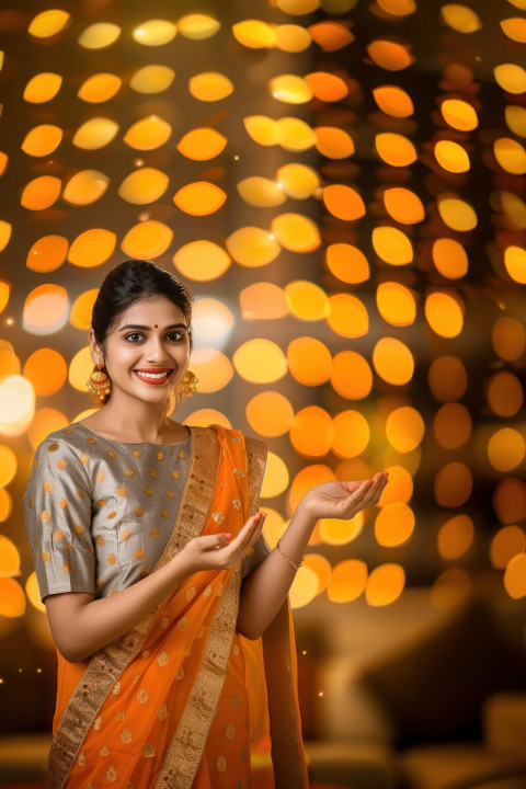 A happy indian woman in traditional dress showing a product in her hand standing against blurred lights at home during diwali A happy indian woman in traditional dress showing a product in her hand standing against blurred lights at home during diwali