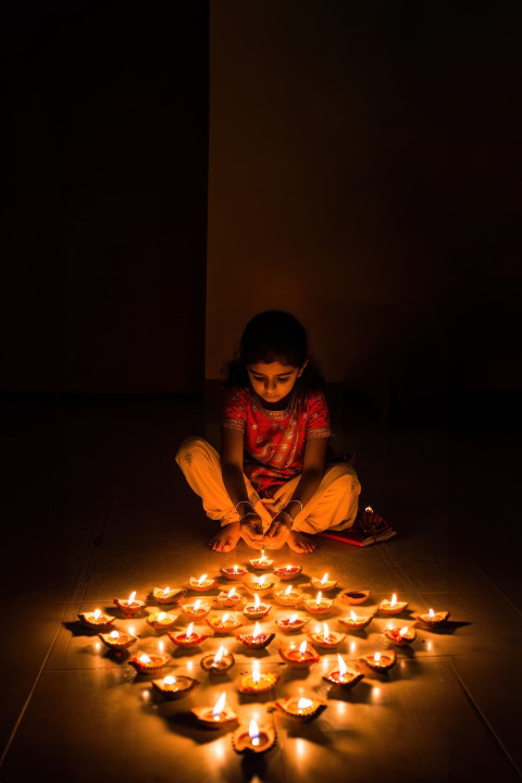 A young girl creating an intricate pattern of diwali lamps on the floor symbolizing joy and lights during the festival season A young girl creating an intricate pattern of diwali lamps on the floor symbolizing joy and lights during the festival season