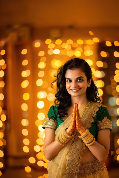 An indian woman standing with hands clasped together and smiling at the camera during diwali festival celebration showing joy and tradition An indian woman standing with hands clasped together and smiling at the camera during diwali festival celebration showing joy and tradition