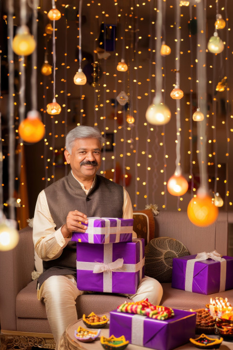 An indian man in his late thirties sitting on a sofa with purple and white gift boxes holding them in both hands An indian man in his late thirties sitting on a sofa with purple and white gift boxes holding them in both hands