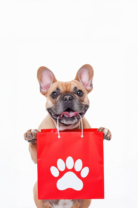 A happy french bulldog holding a red shopping bag with white paw print pattern isolated on a white background symbolizing black friday sales A happy french bulldog holding a red shopping bag with white paw print pattern isolated on a white background symbolizing black friday sales