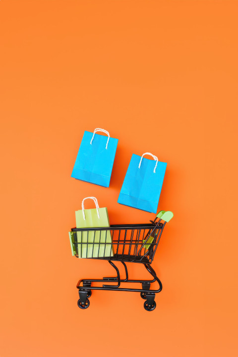 A black shopping cart with two colorful paper bags floating above an orange background A black shopping cart with two colorful paper bags floating above an orange background