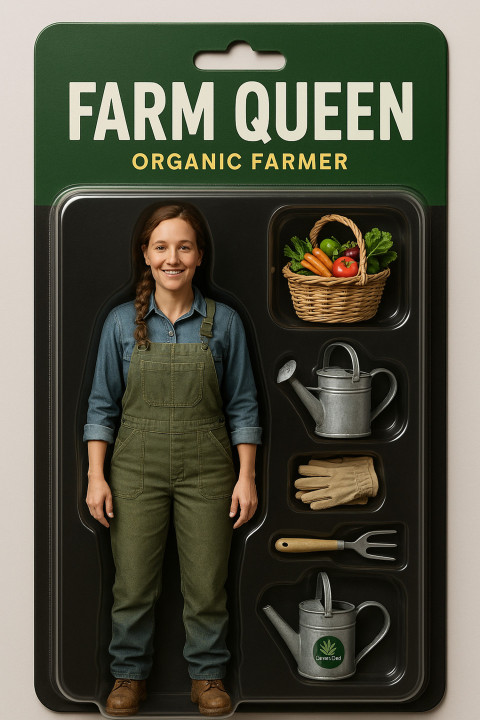 Female organic farmer in realistic collectible action figure style Female organic farmer in realistic collectible action figure style