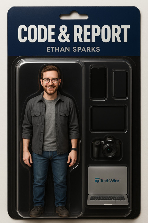 Tech journalist ethan sparks in realistic collectible action figure style Tech journalist ethan sparks in realistic collectible action figure style
