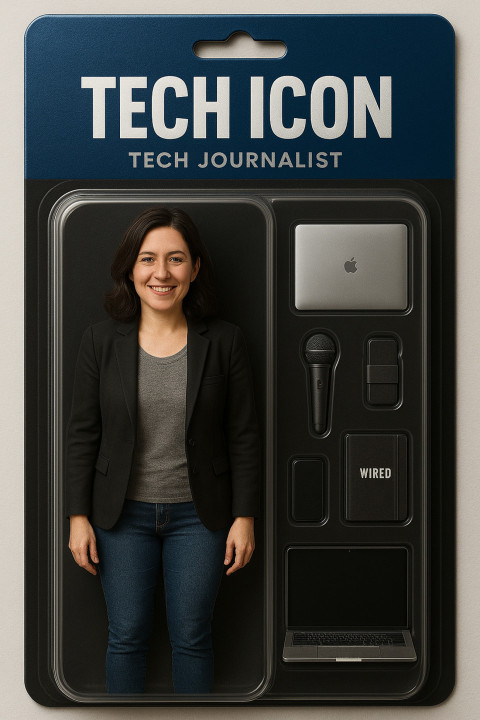 Female tech journalist in realistic collectible action figure style Female tech journalist in realistic collectible action figure style
