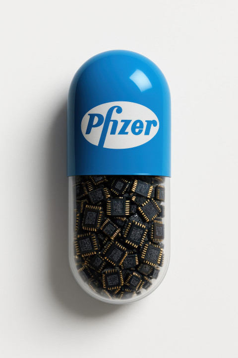 Glossy blue capsule with digital chips inside