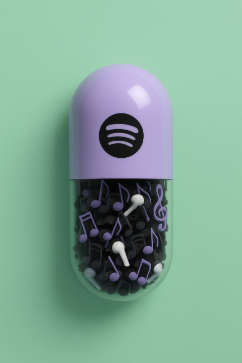 Lavender capsule with music notes and earbuds inside