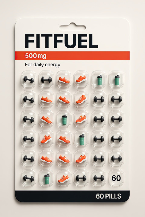 FitFuel blister pill pack mockup with tiny dumbbell FitFuel blister pill pack mockup with tiny dumbbell