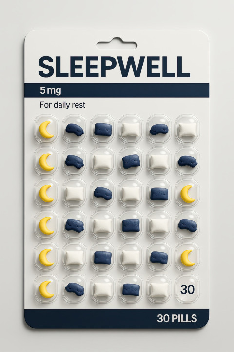 SleepWell pill pack mockup with mini moon SleepWell pill pack mockup with mini moon