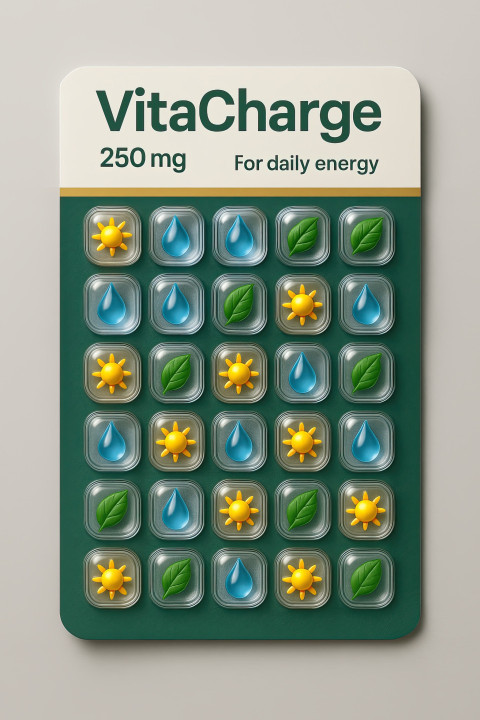 VitaCharge blister pack mockup with sun VitaCharge blister pack mockup with sun