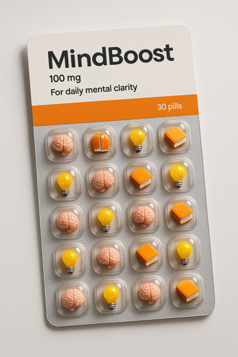MindBoost mockup of pill pack with brain MindBoost mockup of pill pack with brain