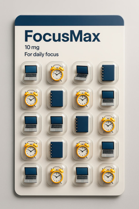 Hyperrealistic mockup of FocusMax pill pack with tiny laptop Hyperrealistic mockup of FocusMax pill pack with tiny laptop