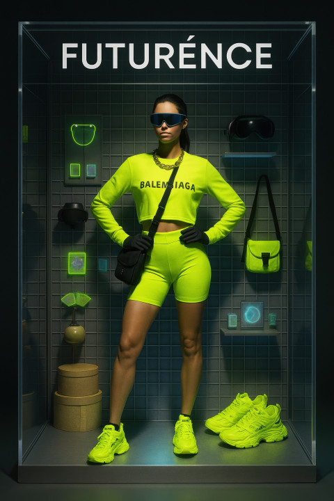 Bold fashion doll in neon Balenciaga sportswear with visor Bold fashion doll in neon Balenciaga sportswear with visor