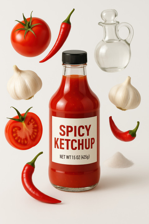 Spicy ketchup bottle with floating chili Spicy ketchup bottle with floating chili