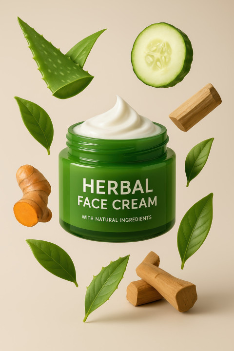 Herbal face cream in glossy jar with aloe vera Herbal face cream in glossy jar with aloe vera