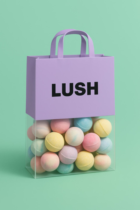 Glossy lavender Lush carry bag showing bath bombs in clear bottom on mint green background. branded bag chatgpt prompt carry bag product mockup packaging design branding