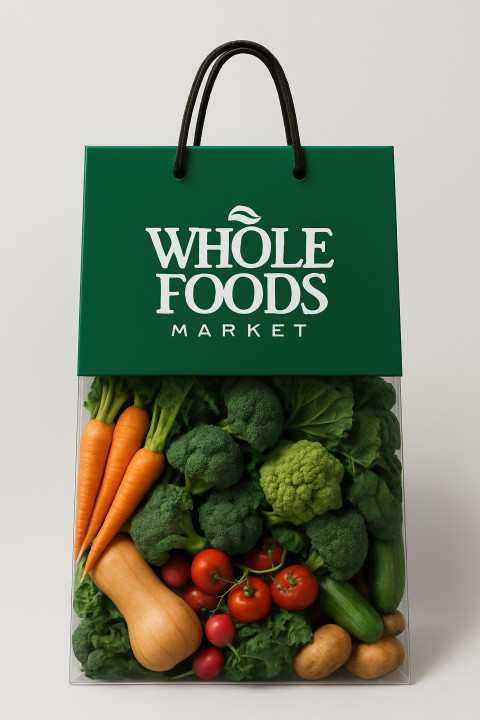 Green carry bag with Whole Foods logo and organic vegetables inside on light gray background with soft light. branded bag chatgpt prompt carry bag product mockup packaging design branding Green carry bag with Whole Foods logo and organic vegetables inside on light gray background with soft light. branded bag chatgpt prompt carry bag product mockup packaging design branding