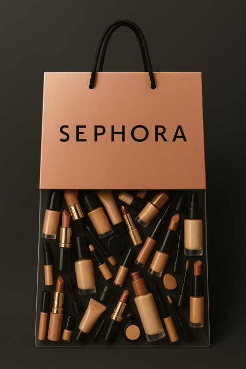Rose gold bag with Sephora logo holding cosmetics inside clear bottom on charcoal background. branded bag chatgpt prompt carry bag product mockup packaging design branding Rose gold bag with Sephora logo holding cosmetics inside clear bottom on charcoal background. branded bag chatgpt prompt carry bag product mockup packaging design branding