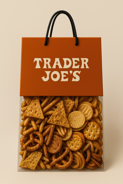 Burnt orange carry bag with Trader Joe's logo filled with snacks in transparent base on beige background. branded bag chatgpt prompt carry bag product mockup packaging design branding Burnt orange carry bag with Trader Joe's logo filled with snacks in transparent base on beige background. branded bag chatgpt prompt carry bag product mockup packaging design branding