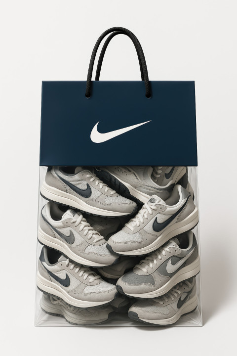 Glossy navy blue carry bag with Nike logo showing running shoes inside