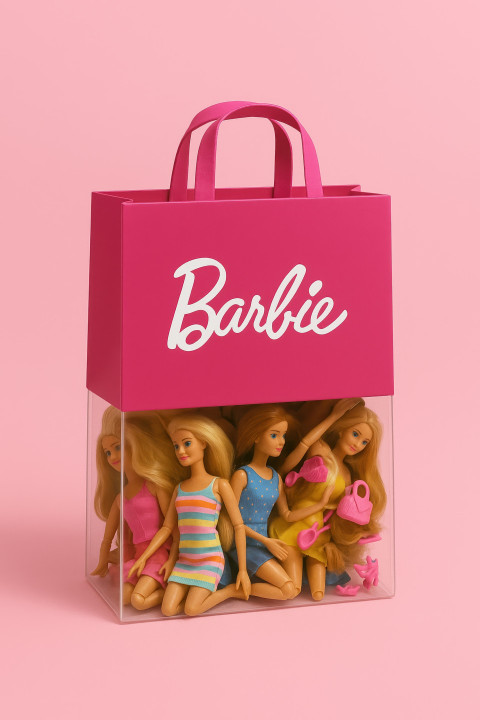 Fuchsia Barbie bag with dolls and accessories visible in clear lower half on pastel pink background. branded bag chatgpt prompt carry bag product mockup packaging design branding