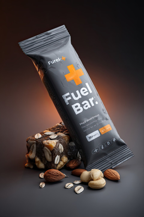 Hyper-realistic mockup of a protein bar with "Fuel Bar+" label. Surrounded by nuts and grains