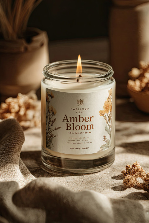 Hyper-realistic mockup of a luxury candle jar with "Amber Bloom" label
