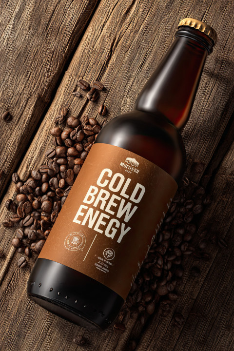 Hyper-realistic mockup of a cold brew coffee bottle with "Cold Brew Energy" label. Surrounded by coffee beans