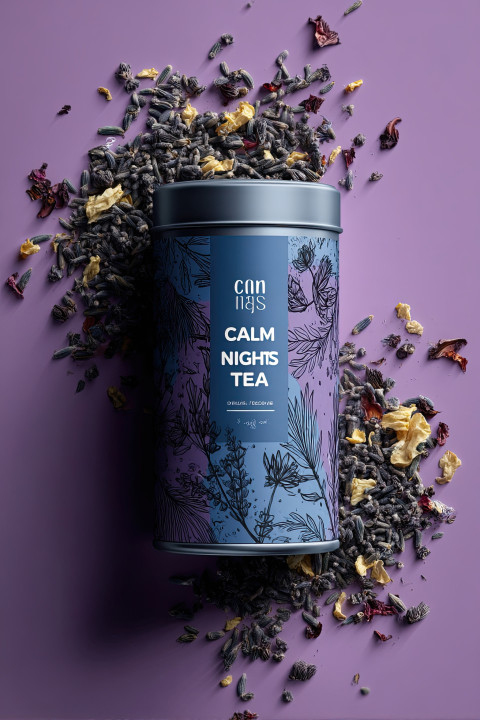 Hyper-realistic mockup of a "Calm Nights Tea" tin with hand-drawn herbs. Elegant packaging design