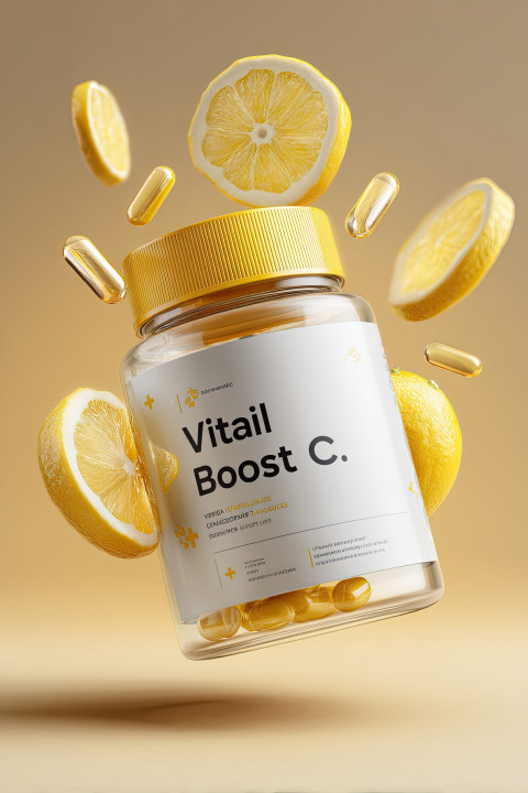 Hyper-realistic mockup of a vitamin supplement jar with "Vital Boost C+" label. Surrounded by lemon slices