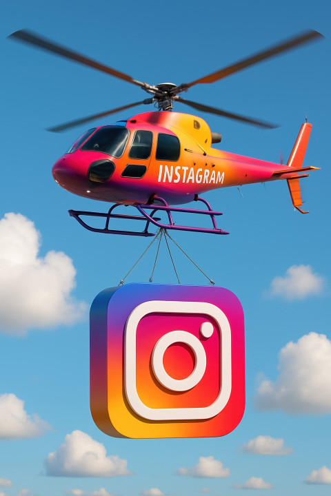 Colorful CGI helicopter flying in blue sky carries big Instagram-style logo below by cable